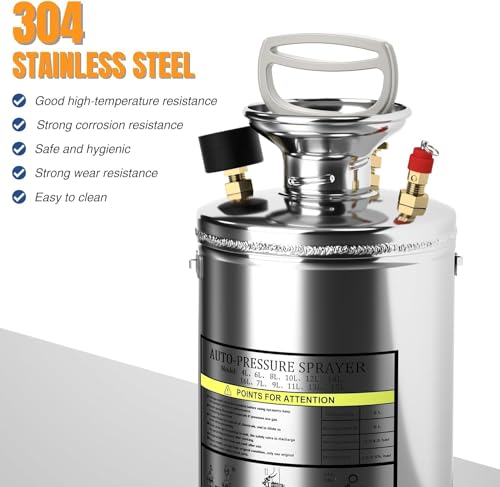1 Gallon Hand Pump Sprayer, 304 Stainless Steel Garden Chemical Sprayer with Pressure Gauge, Adjustable Nozzle, 13" Sprayer Wand, 3.3ft Hose & Safety Valve