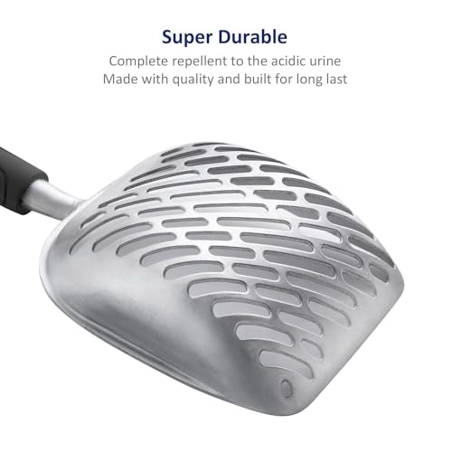 WePet Cat Litter Scoop, Aluminum Alloy Sifter, Kitty Metal Scooper, Deep Shovel with Diagonal Sifting Hole, Long Handle, Kitten Poop Lifter for Litter Box, Medium Size, Black Handle - color: #06 Black, size: Medium