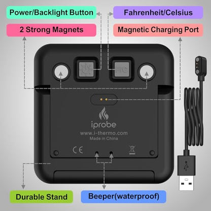 Dual Probe Rechargeable & Waterproof Digital Meat Thermometer for Food - Large LCD Backlight Cooking Thermometer for Kitchen Smoker Oven Grill BBQ Candy - color: Black & Gray