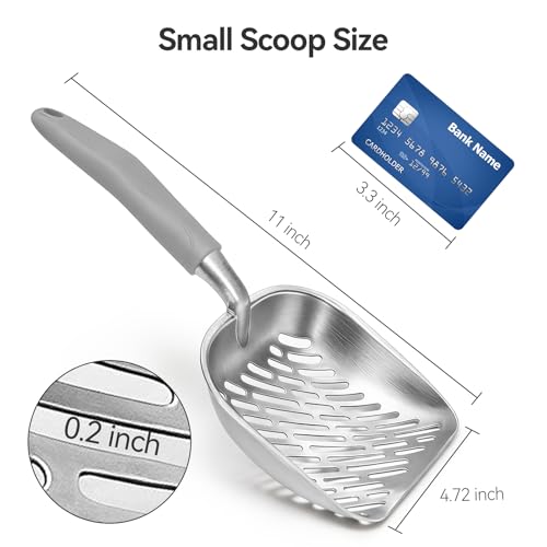 Cat Litter Scoop, Kitty Metal Scooper, Heavy Duty Aluminum Deep Sifter with Long Handle, Rustproof Durable Kitten Poop Shovel for Travel & Small Litter Box - color: Gray, size: Medium
