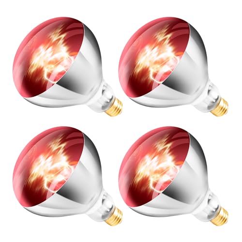 250W R40 Red Heat Lamp Bulbs (4-Pack), Infrared Heat Bulbs, Infrared Therapy Bulbs for Bathroom, Sauna, Pets & Chickens, 2,000 Hour Rated, E26 Base - color: Red