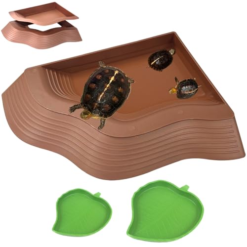 3 Pcs Large Tortoise Water Dish with Ramp Leaf Tortoise Water Food Bowls Reptile Water Dish Amphibians Habitat Accessories for Lizard Turtle Horned Frog Brown - color: Brown Large