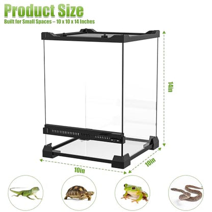Reptile Terrarium 10"x10"x14", Full Glass Tank Enclosure for Small Reptiles, Geckos, Frogs, Lizards, Snakes, Spiders, Turtles, Vertical Rainforest Habitat - size: 10" x 10" x 14"