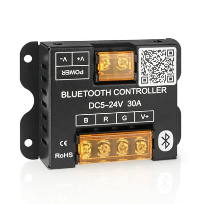 RGBZONE RGB Bluetooth LED Controller, DC5-24V 30A Smart APP Dimmable Strips Light Controller 16 Million Colors Music & Alarm Modes for 5050 3528 LED Strip Lights, Metal Shell - color: RGB