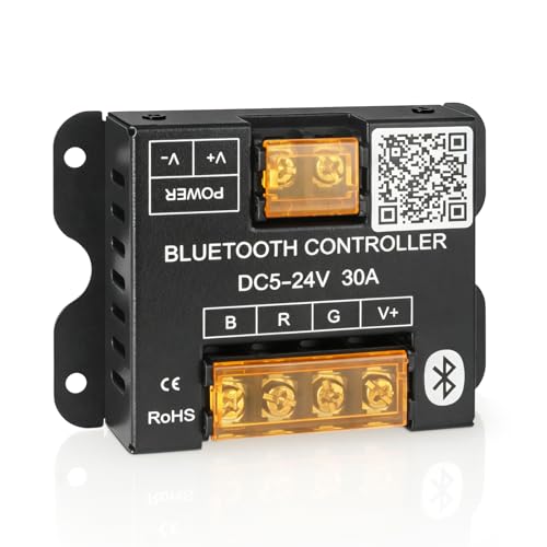 RGBZONE RGB Bluetooth LED Controller, DC5-24V 30A Smart APP Dimmable Strips Light Controller 16 Million Colors Music & Alarm Modes for 5050 3528 LED Strip Lights, Metal Shell - color: RGB