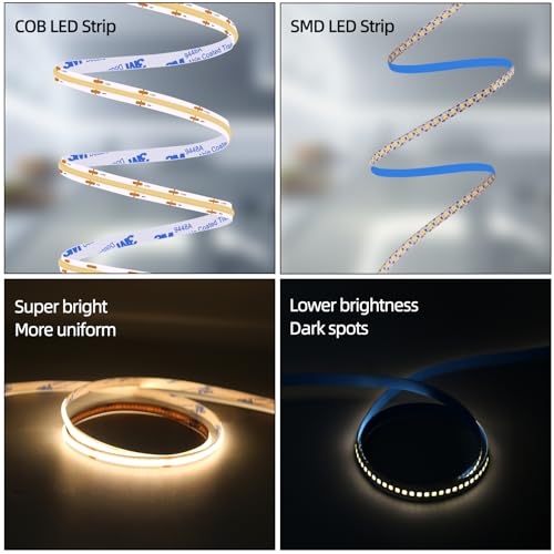 LED Strip Lights 24V COB Warm 3000K 16.4ft/5M (No Power Supply) | Super Bright, Dotless High Density 14W/m, 8mm Width Cuttable Flexible, Home DIY & Commercial Lighting - color: Warm 3000K (Only LED Strip)