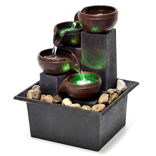 Water Fountains Indoor-Tabletop Water Fountain-Waterfall-Desktop Fountain with Natural River Rocks, Calming Waterfall Sounds for Feng Shui Meditation-Cascading LED Color Lighting