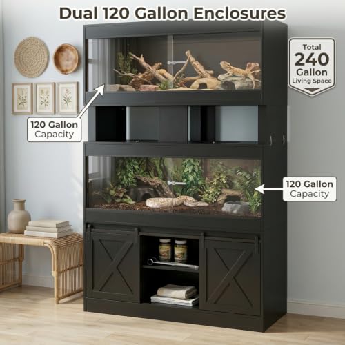 Cushore Double 4x2x2 Reptile Enclosure with Stand, Solid Wood 120 Gallon Reptile Terrarium, Bearded Dragon Tank Stand with Sliding Door and 2 Cabinets for Snake, Lizard, Crested Gecko, Black