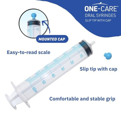 ONE-CARE 60ml Oral Syringe with Cap - Sterile, Individually Wrapped - 25 Syringes/box (25 Pack), Slip Tip, Syringe for Liquid, Versatiie use - size: 60ml