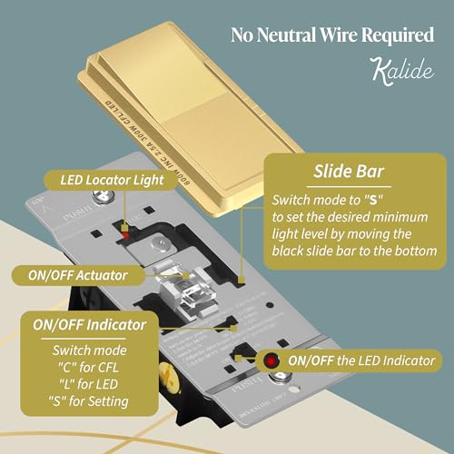 TOPGREENER Kalide Dimmer Light Switch, LED Dimmer Switch, Full Range Dimming, Single Pole/3-Way, 120VAC, 60Hz, 300W LED/CFL, Neutral Wire Not Required, Gold, 1 Pack,Wall Plate Included - color: Gold, size: Single Pole & 3 Way