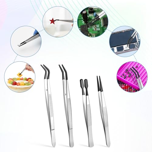 4 Pieces Tweezers with Rubber PVC Coated Set Silicone Tip Tweezers Coated Flat and Bent Forceps for Lab Industrial Crafting, Jewelry, Electronics, and Lab Work