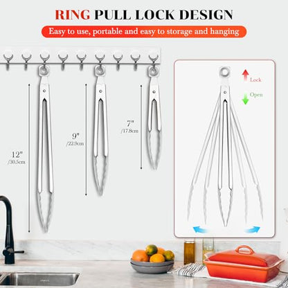 Kitchen Tongs for Cooking - 7 Inch & 9 Inch & 12 Inch Heat Resistant Stainless Steel Metal Locking Tong, BBQ Tongs Grill Tong for Cooking, Grilling, BBQ/Barbecue, Food (7+9+12inch) - color: 7+9+12inch
