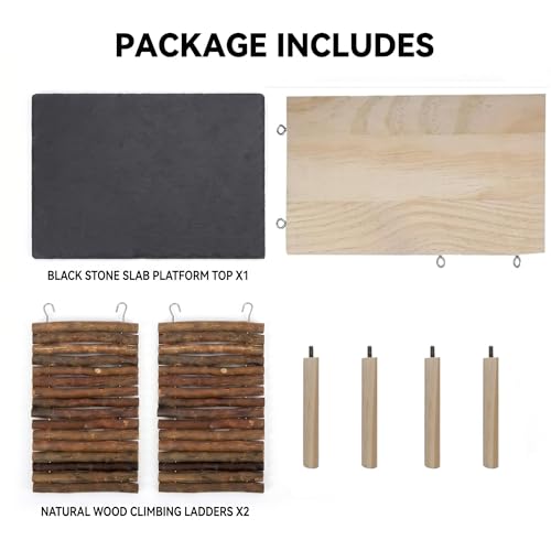 Bearded Dragon Basking Platform, Natural Slate Reptile Basking Rock with Wooden Climbing Ramp, Terrarium Habitat Decor for Lizard, Leopard Gecko, Tortoise, Snake (Large with 2 Wooden Climbing Ramp) - size: Large with 2 Wooden Climbing Ramp
