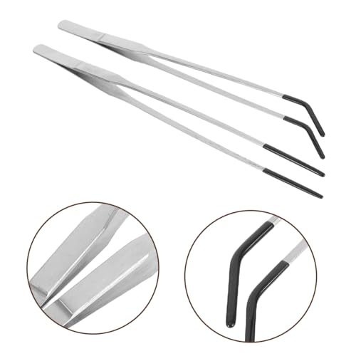 Mikikit 2pcs Stainless Steel Long Aquarium Tweezers with Rubber Tips Curved Feeding Tongs for Reptiles Terrarium Tools for Snake Gecko and Other Pet Supplies