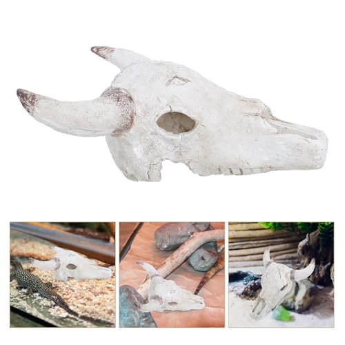 DOITOOL Bull Skull Reptile Hide Box Resin Aquarium Decor 20.5x17x9cm Desert Habitat Ornament for Tortoise Turtle Lizard Chameleon Cage Accessories