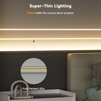 PAUTIX 5mm COB LED Strip Light 16.4ft/5m 3000K Warm White 504 LEDs/m,DC24V Flexible LED Tape for Cabinet Home DIY Lighting Projects(Power Supply&Controller Not Included) - size: 3000K/16.4ft(5mm width)
