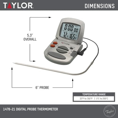 Taylor Programmable Instant-Read Wired Probe Digital Meat Thermometer, Stainless Steel for BBQ, Grill, Kitchen Cooking, Accurate Temperature Readings