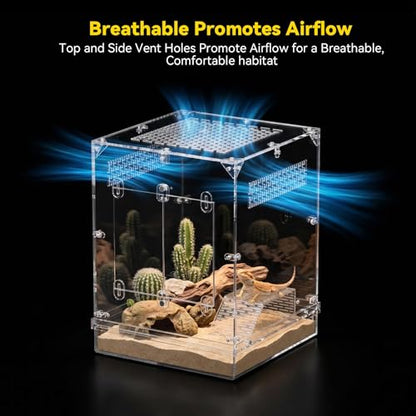 CADUKE 12"x12"x16" Reptile Terrarium, 10 Gallon Reptile Tank, Reptile Enclosure with Double Door, Water Area, Acrylic Reptile Enclosure Terrarium for Crested Gecko, Leopard Gecko, Spider, Snake