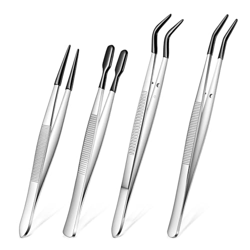 4 PCS Tweezers with Rubber Tips Set, PVC Coated Rubber Tip Tweezers for Crafting, Straight Flat Tip Long Bent Precision Tweezer Set for Crafts, Stamps, Beads, Jewelry, Lab Work