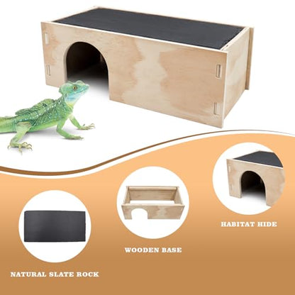 2-in-1 Bearded Dragon Basking Platform with Hideout, Slate Rocks for Reptiles with Base, Leopard Gecko Hides and Caves, Reptile Tank Accessories for Bearded Dragons, Geckos, Ball Pythons, Tortoise