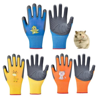 Kids Hamster Anti-bite Gloves,Small Pet Scratch Proof, Children Gardening Gloves,3 Pairs with Cute Print - size: XXS AGE 3-6