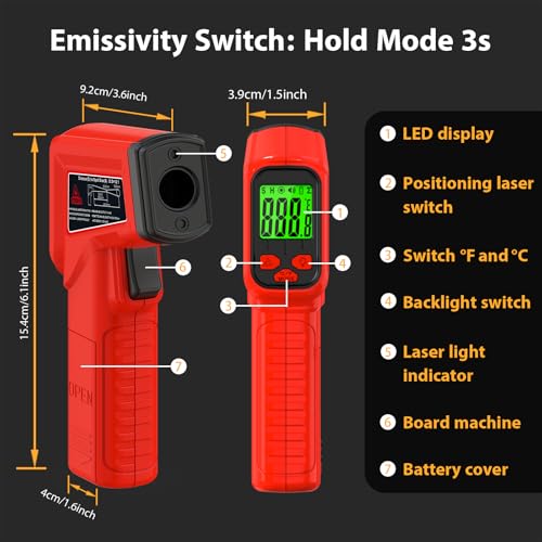 FKM Laser Thermometer Gun Non-Contact Infrared Temperature Gun,-58°F~986°F(-50°C~530°C) AdjustableEmissivity,Digital Thermometer Gun for Industrial,Kitchen Cooking,Oven,Automotive,HVAC,Not for Human - style: -58°F~986°F