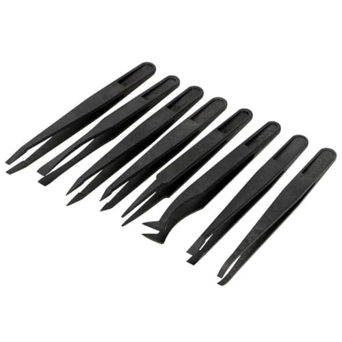 MMOBIEL 16-Piece Anti-Static Plastic Precision Tweezers Set, Tweezers with Pointed Flat Tip/Curved Tips, Tweezers for Electronics, Jewellery Making, Laboratory Work, Black - size: 16x