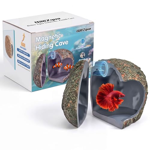 3rd-Gen Magnetic Aquarium Cave, Realistic Magnetic Rocks Fish Tank Decor with Strong Magnet, Resin Pleco Hideout for Betta, Cichlid and Shrimp, Easy Viewing Shelter for Small Fish and Reptiles