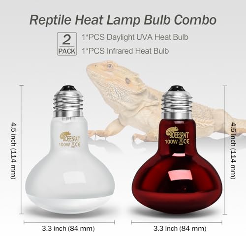 100W Daylight Basking Light Bulb & Infrared Heat Lamp Bulb for Amphibians Reptiles Bearded Dragon, Turtle, Lizard, Snakes, Geckos, ... - color: Infrared+uva Bulbs (2pcs), size: 100W