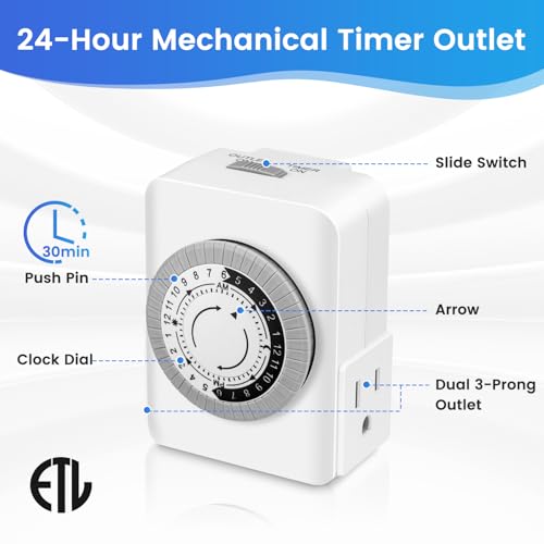 Timers for Electrical Outlets Indoor, AaiVrylliz 3-Prong Dual Outlet Timer,24-Hour 30 Minute Daily On/Off Cycle, Plug-in Mechanical Timers for Christmas Lights, Lamps, Grow Light - style: 3-Prong(1 PACK)
