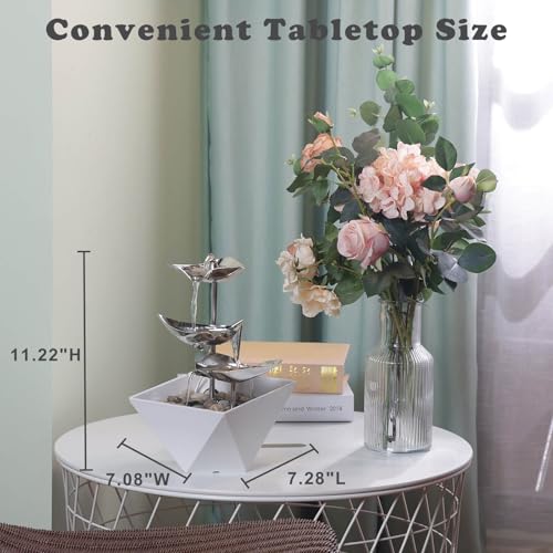 Tabletop Water Fountain Indoor - Handcrafted 3-Tier Waterfall 304 Metal | Easy "+" "-" On/Off Switch, Quiet Pump, Zen Relaxation for Office, Living Room, or Bedroom, Durable Desktop Fountain - color: White