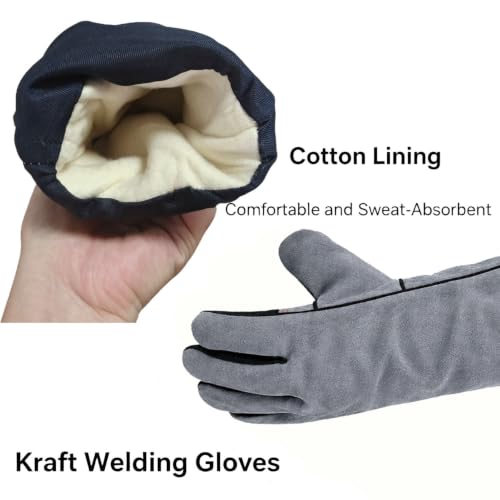 932℉ Leather Welding Gloves for Women Man, Heat Resistant Fire Long Sleeve Gloves for Tig Mig Stick BBQ Fireplace (Grey-Large) - size: Grey-Large
