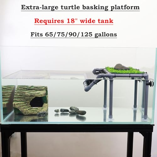 Extra Large Turtle Basking Platform, Sturdy Standing Dock with Non-Slip Ramp & Artificial Grass, Turtle Tank Accessories, Fits 50/65/75/90/125 Gal Tanks, Gray/Black - size: Basking Platform 13.4" W × 10" D