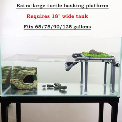 Extra Large Turtle Basking Platform, Sturdy Standing Dock with Non-Slip Ramp & Artificial Grass, Turtle Tank Accessories, Fits 50/65/75/90/125 Gal Tanks, Gray/Black - size: Basking Platform 13.4" W × 10" D