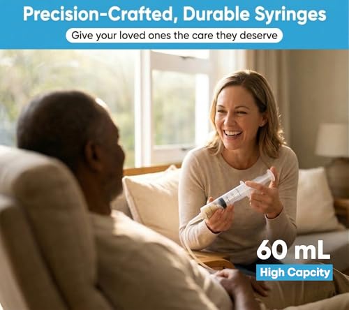 60ml Catheter Tip Syringe with Covers 50 Pack by Tilcare - Sterile Plastic Medicine Food Droppers for Children, Pets or Adults – Latex-Free Oral Medication Dispenser - Large Feeding Tube Syringes