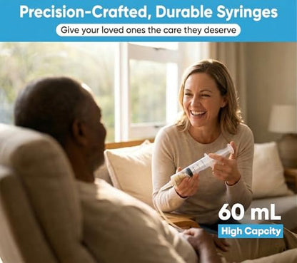 60ml Catheter Tip Syringe with Covers 50 Pack by Tilcare - Sterile Plastic Medicine Food Droppers for Children, Pets or Adults – Latex-Free Oral Medication Dispenser - Large Feeding Tube Syringes