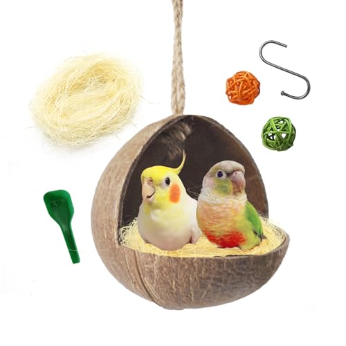 kathson Natural Coconut Shell Bird Nest,Hanging Coconut for Birds Parakeet Coconut Hut Coco Shell Bird House Cage Accessories Decoration for Parrots Lovebird Parakeets Finch Canary - size: [M:9.8 x 5.1 x 5.1 lnches]