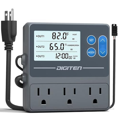 DIGITEN Reptile Temp & Humidity Controller, Timer Outlet, Day-Night Thermostat, 3-Stage Outlet Plug in Temperature Controller for Reptile, Mushroom, Homebrew