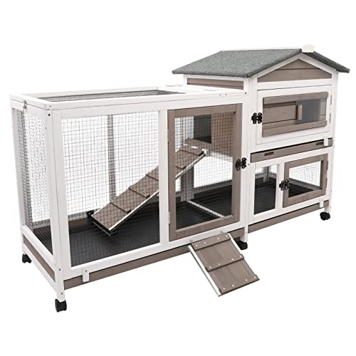 Gowoodhut Rabbit Hutch Indoor Outdoor 2 Story Bunny Cage with 3 No Leak Trays,55.31" L Guinea Pig Cages Rabbit Cage with 6 Wheels for Guinea Pig,Rabbit for Rabbit Lover|Pet Lover(White/Grey) - size: 55.3"L x 21.7"W x 34.7"H