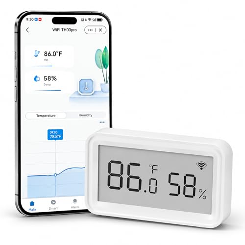 WiFi Temperature Humidity Sensor, Smart Thermometer Hygrometer with Free App Alerts, LCD Display, Calibratable, Data Logger, Indoor Monitor for Home Greenhouse Reptile (1-Pack)