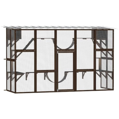 PawHut Catio Outdoor Cat Enclosure Window, Outdoor Cat House with Weather Protection Roof for 1-4 Kitties, Wooden Frame, Shelves & Bridges, 118" x 37.5" x 74", Coffee Brown - color: Coffee Brown