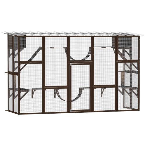 PawHut Catio Outdoor Cat Enclosure Window, Outdoor Cat House with Weather Protection Roof for 1-4 Kitties, Wooden Frame, Shelves & Bridges, 118" x 37.5" x 74", Coffee Brown - color: Coffee Brown