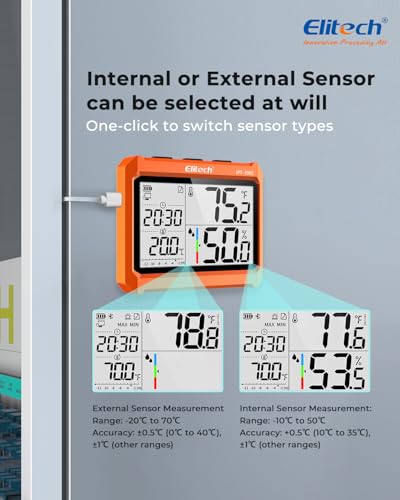 Elitech Digital Bluetooth Hygrometer Thermometer, Refrigerator Thermometer with Free APP, Real-Time Temperature Humidity Monitor with 4.5" Screen, PDF&CSV Data Export, IPT-100S with External Probe