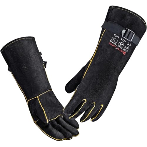 16 Inch Leather Welding Gloves, 932℉ Heat & Fire Resistant, Large Black Mitts for Welding, BBQ, Oven, Grill, Fireplace, Forge, Furnace, Stove, Pot Holder & Animal Handling - size: Large