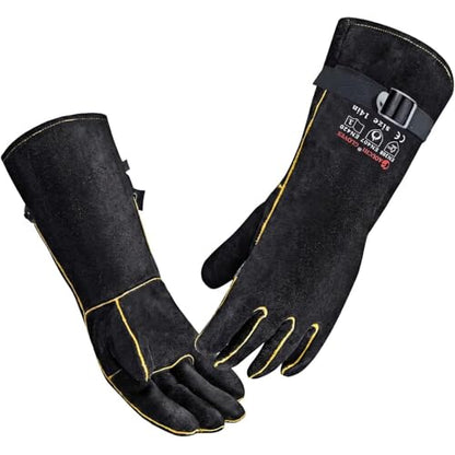 16 Inch Leather Welding Gloves, 932℉ Heat & Fire Resistant, Large Black Mitts for Welding, BBQ, Oven, Grill, Fireplace, Forge, Furnace, Stove, Pot Holder & Animal Handling - size: Large