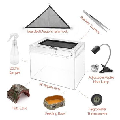 AZV Reptile Tank Starter Kit,8 Piece Escape Proof Hermit Crab Cage XLarge | All In One Lizard Terrarium,Multi-Vent Compatible Gecko Habitat,Clear PC Material Frog Enclosure,Easy-Clean Waterproof Base - size: XLarge(19.5*10.5*9.4IN)