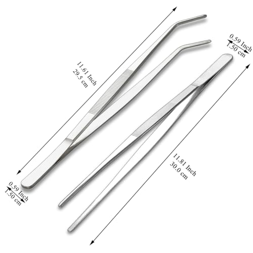 Berglander Kitchen Tweezers Tongs 2pcs, 12" Extra-Long Stainless Steel Metal Heavy Duty Cooking Tweezers for Chef, Serving Food, Grill, Culinary, Pasta, Salad, BBQ