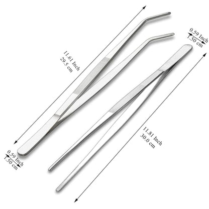 Berglander Kitchen Tweezers Tongs 2pcs, 12" Extra-Long Stainless Steel Metal Heavy Duty Cooking Tweezers for Chef, Serving Food, Grill, Culinary, Pasta, Salad, BBQ