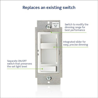 Leviton SureSlide Dimmer Switch for Dimmable LED, Halogen and Incandescent Bulbs, 6674-P0W, White - color: White, size: 1 pack