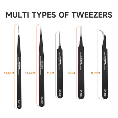 TOWOT 5 PCS Precision Tweezers Set, Premium Anti-static Stainless Steel for Craft, Electronics, Soldering, Jewelry Making, and Experimental Work Industrial Tweezers - style: Set